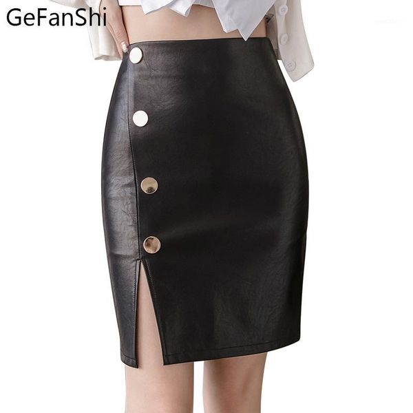 

new 2020 autumn winter womens skirts vintage button desgin ladies skirt pu leather package hip pencil skirts open split hem1, Black