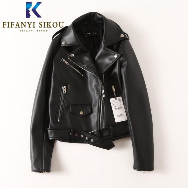 

women's leather & faux pu jacket women rivet zipper black motorcycle coat short biker soft jackets female