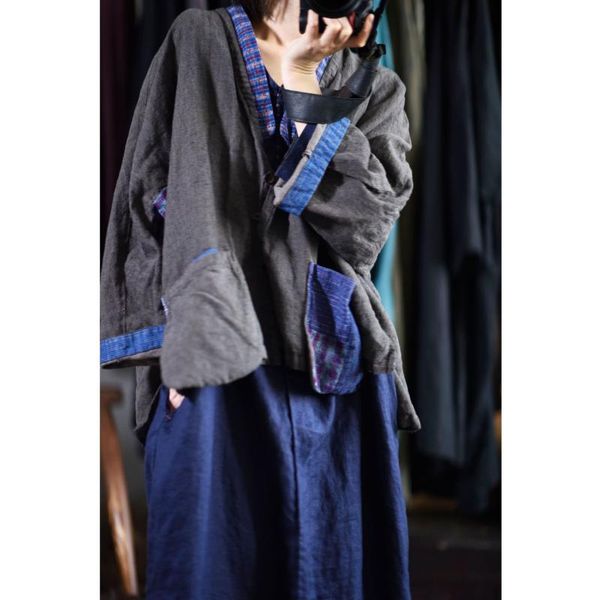 

v neck patchwork women jackets thin cotton linen long sleeve original autumn contrast color cardigan plus size women blouse, Black;brown