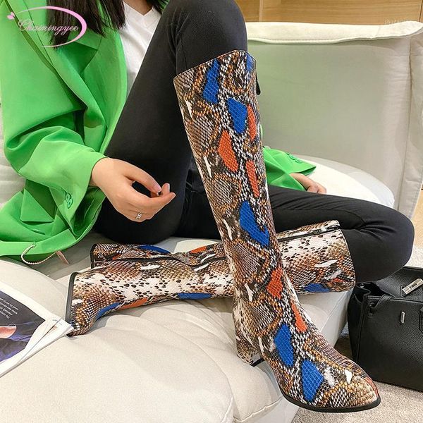 

boots street style round toe knee high color matching plaid serpentine zipper heel thick riding women's shoes1, Black