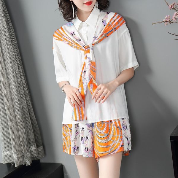 

jzudk shorts niche hepburn style silk scarf shirt printed shorts age-reducing fashion suit two-piece summer 201008 french shirtscarf shirt s, Gray