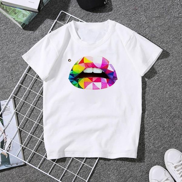 

2020 красная губа печатает графические футболки для женщин летом с коротким рукавом повседневная белая уличная одежда tee tops girls t-рубаш, White