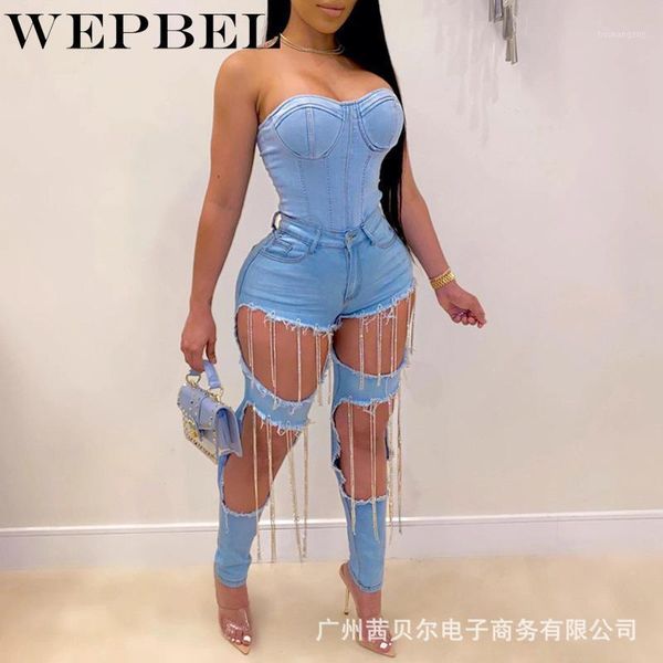 

wepbel jeans women's solid color chain hole jeans summer fashion high waist ripped denim pencil pants1, Blue