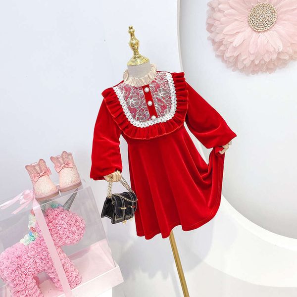 

thickened girl's princs middle school plush children's new year red skirt winter drs, Red;yellow