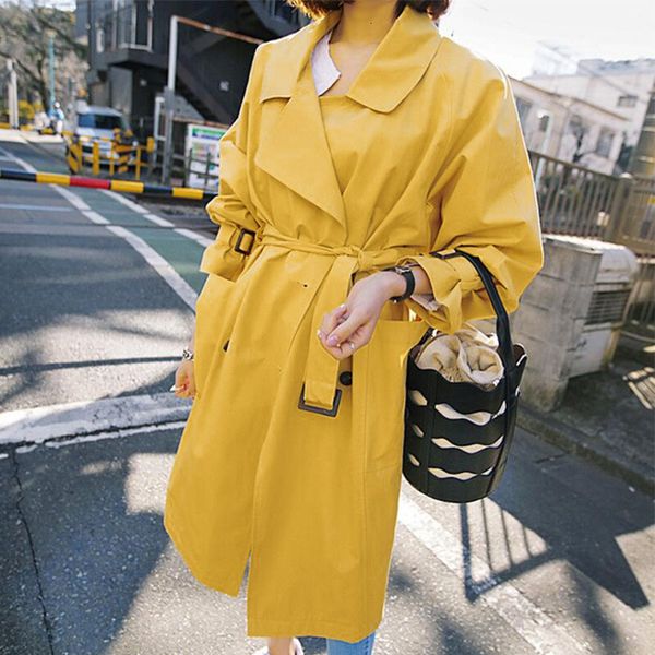 

2020 autumn women's double breasted trench coat loose casual windbreaker female yellow with belt overcoat business outerwear 441, Tan;black