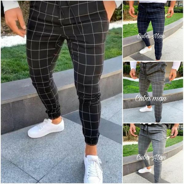

2020 high wasit spring summer fashion pocket men's slim fit plaid straight leg trousers casual pencil jogger casual pants1, Black