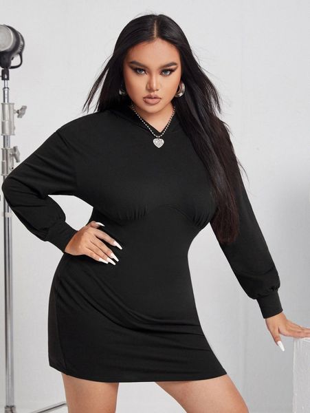

plus solid slim fit hooded sweatshirt dress j0wp#, Black