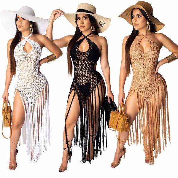 

long tassels knitted cover ups dresses halter string beach knit dress crocheted beach wear ankle length crochet maxi dress, Black;gray