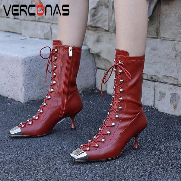 

verconas autumn winter woman mid-calf boots new genuine leather fashion metal square toe rivets cross-tied zipper boots woman, Black