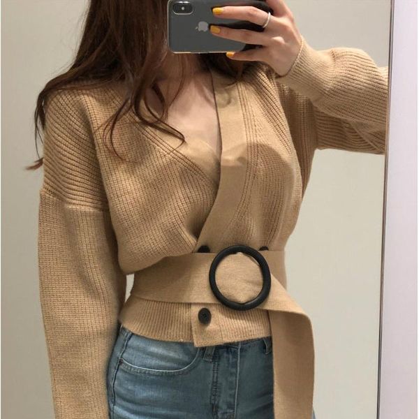 

2020 женская мода осень вязаный свитер женский v-образным вырезом двойной брестед кардиган chic короткие трико джерси перемычка пояса s90, White