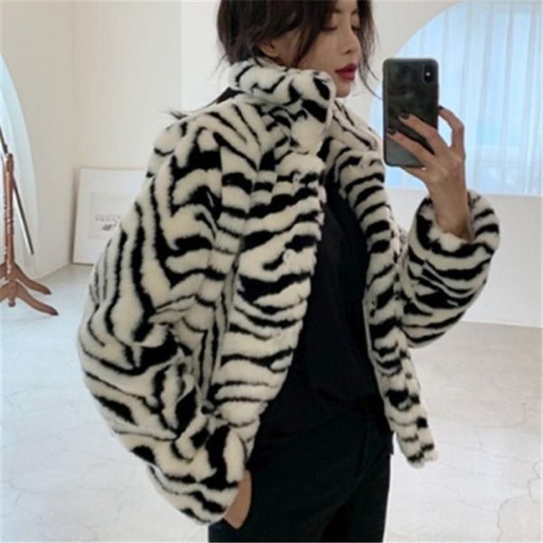 

women's fur & faux 2021 fall winter jacket women fashion zebra pattern short loose chic imitation plush outerwear ladies coat, Black