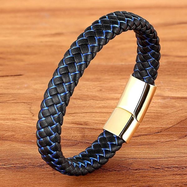

new men jewelry punk black blue braided leather bracelet for men stainless steel magnetic clasp fashion bangles gifts 6 colors h jllgsw, Golden;silver