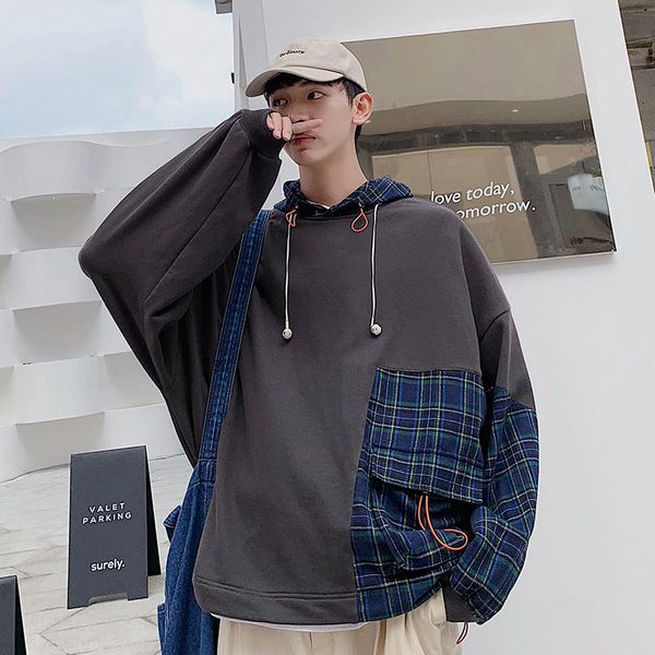 

autumn plaid hoodies men's fashion hit color retro casual hooded sweatshirt men streetwear loose hip hop pullover hoodie men, Black