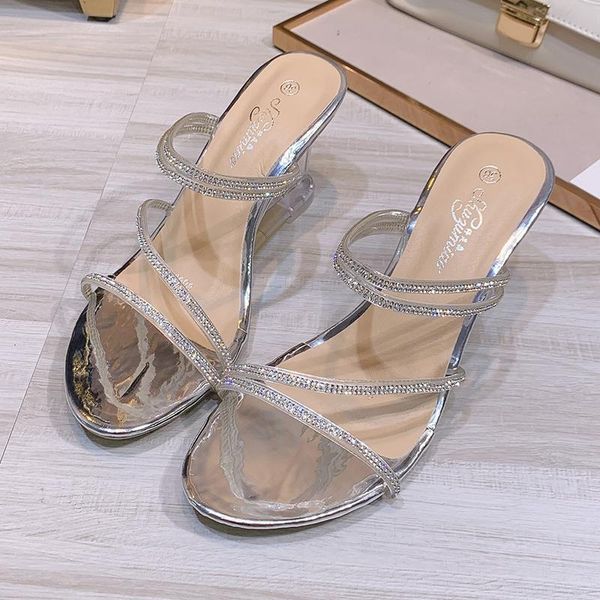 

2021 summer women stripper high heels crystal sandals transparent rhinestone wedges sandals silver large size lady shoes, Black