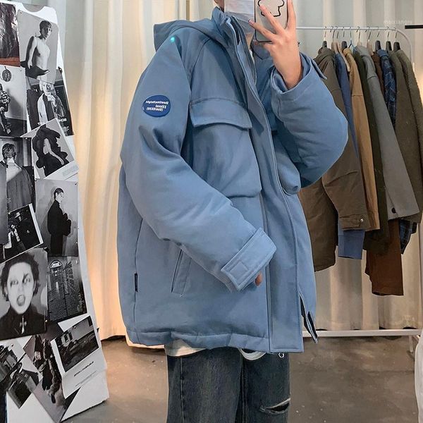 

winter new thickened jacket men warm fashion parka men solid color casual hooded coat man streetwear wild loose cotton jacket1, Black