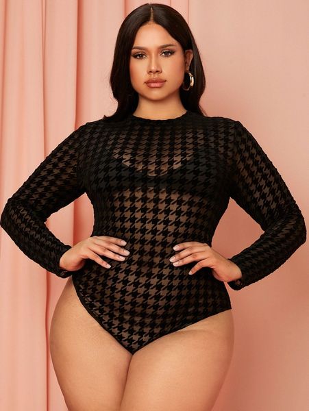 

plus keyhole back houndstooth print sheer mesh bodysuit without bra w8a9#, Black