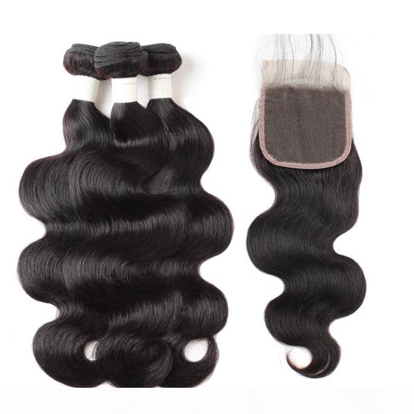 

9а объемная волна глубокая волна прямая волна воды человеческие пучки волос с closure 3bundles с кружевом закрытие 8-28 дюймов remy человече, Black