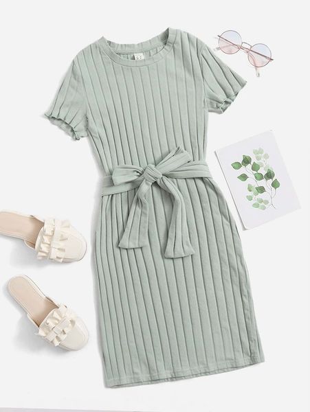 

girls self belted rib-knit dress she, Red;yellow