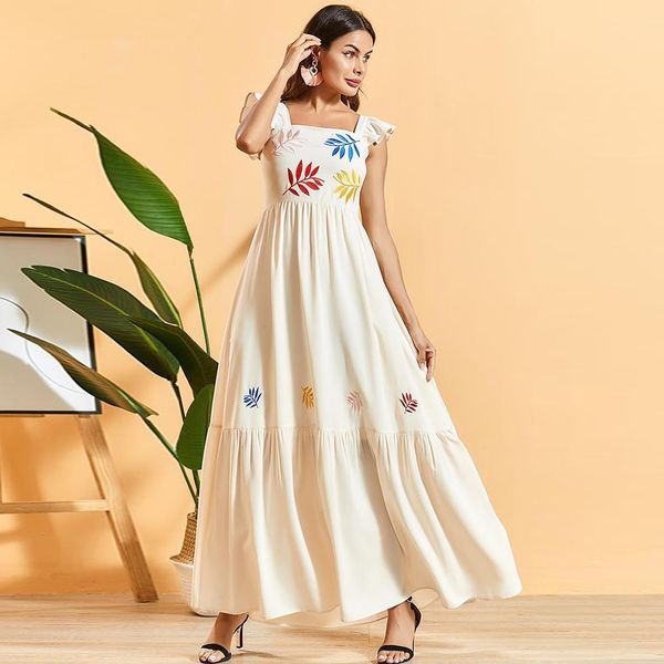 

white spaghetti strap maxi dress sweet sleeveless colored leaves embroidered bohemian a line swing pleated dress summer, Black;gray