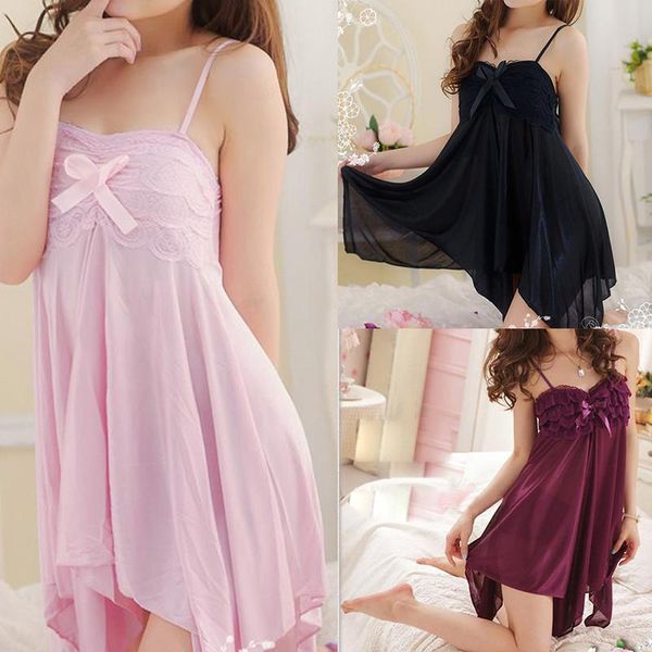 

female women lace bowknot sleeping dresses lingerie silk nightgowns night gown sling sleepwear night dress 4 colors, Black;red