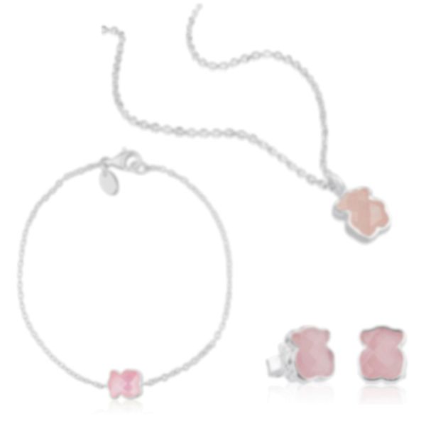 

100% 925 sterling silver faceted rose quartz pink bear women clavicle chain necklace bracelet perforated stud earrings 9mm, Black