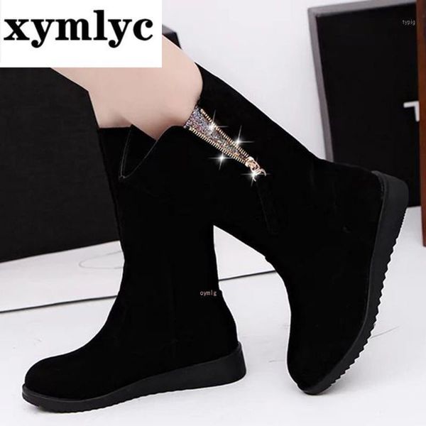 

boots leisure platform women's fashion zipper wedges med heels short rubber flock booties womens shoes women boots1, Black