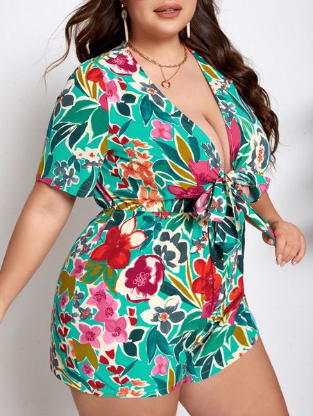 

plus floral print tie front plunge neck romper h98j#, Black
