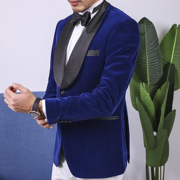 Nova Chegada Slim Fit Homens Casuais Ternos para Casamento Prom 2 Parte Azul Homem Set Velvet Blazer Casamento TuxeDos Traje Homme Noivo TuxeDos 2021