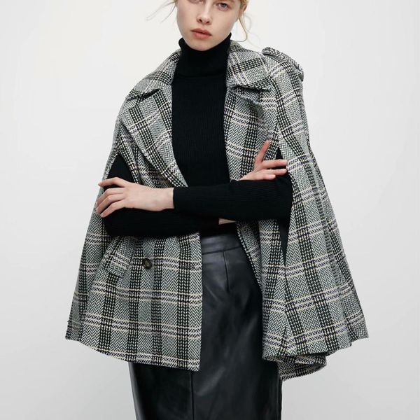 

2021 new women's double breasted cloak sleeve plaid tweed cape coat autumn winter elegant ol workwear women turn down collaroutwear coa, Black