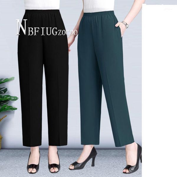 

mother style thin summer ice silk casual women pants middle-aged elastic waist ankle length female trousers1, Black;white