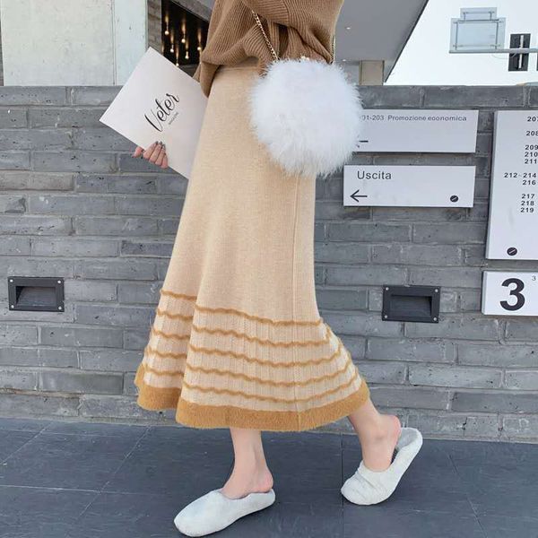 

new 2021 knitted or crocheted thick winter midi elastic skirt high for women to be y332 xdyx 859o, Black