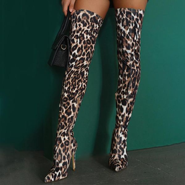 

women leopard over the knee boots ladies thigh high long boots female thin high heels 2020 women's pointed toe female shoes, Black