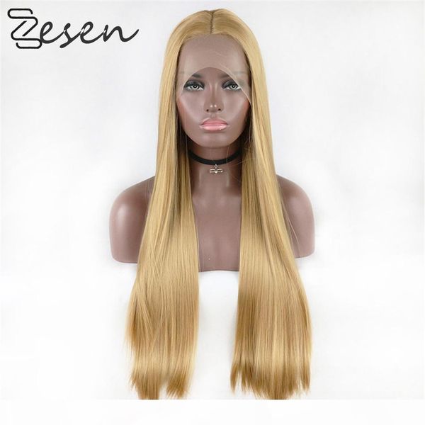 

zesen synthetic lace front wig gold yellow color straight wavy heat resistant fiber hair middle parting for women girls wig, Black
