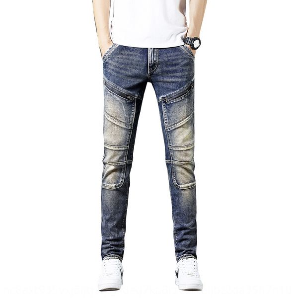 

four seasons new fashion brand and jeans washed slim elastic men's jeans nostalgic versatile small leg pants small straight pants crspt, Blue