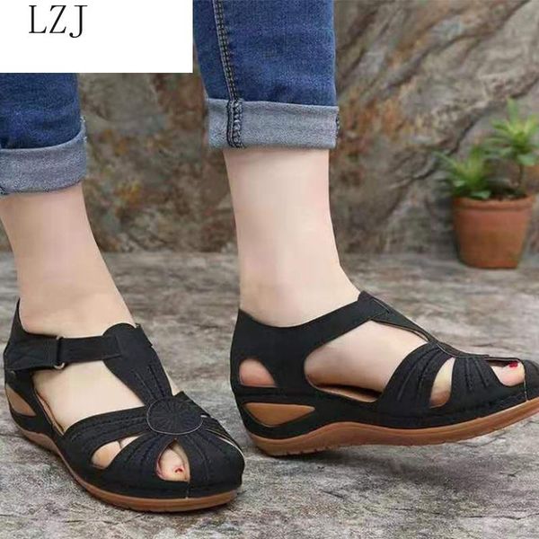 

women's sandals summer ladies girls leather vintage sandals buckle casual sewing women shoes solid female ladies platform shoes, Black