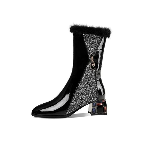 

2020 winter women shoes patent leather female boots mid calf med heels ladies crystal boots warm fur woman fashion zipper, Black