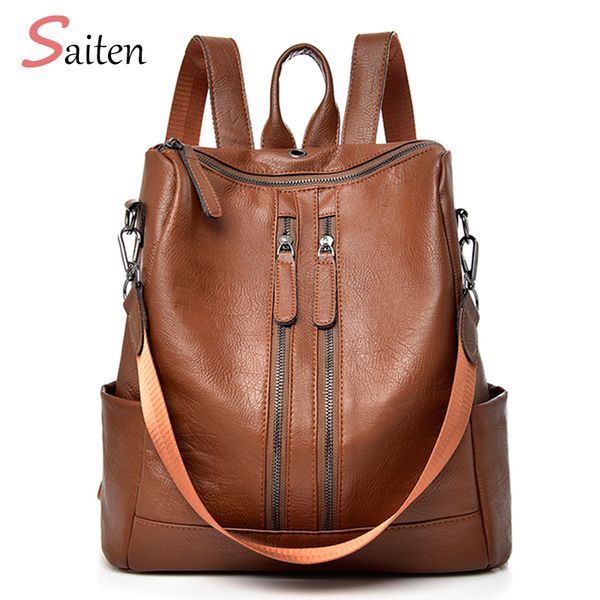 

saiten new pu leather women backpack casual school backpack for teenager girl large capacity multifunction backpack mochil c1023