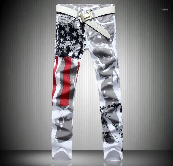 

new arrival men casual american usa flag printed jeans pants mens graffiti print white hip-hop fashion jean slim fit trousers1, Blue