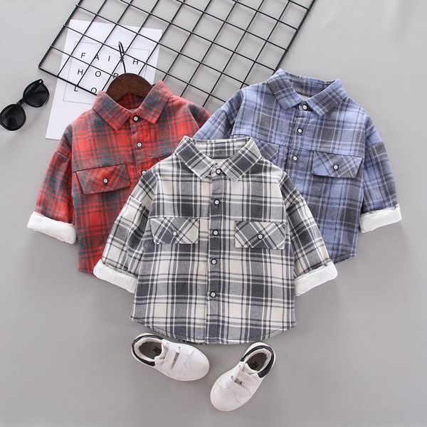 

fashion baby kid boy girl shirt long sleeve plus velvet plaid plaid shirt nezha clothes, Blue;gray
