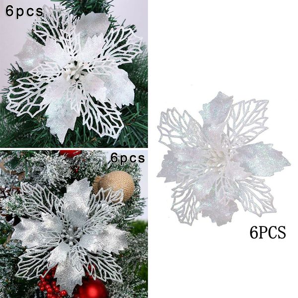 

6pcs 16cm christmas flowers artificial glitter poinsettia xmas tree ornaments decorative floral accessories decor