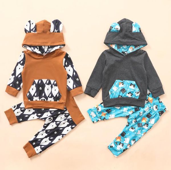 

ins clothes baby cute 2pcs outfit toddler long sleeve hoodie cartoon cat bear print pant set baby autumn winter clothing sets by1616, White