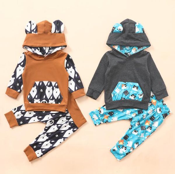 INS vestiti del bambino sveglio del 2PCS Outfit bambino a maniche lunghe con cappuccio Cartoon Bear Cat Stampa mutanda Bambino Unisex Autunno Inverno Set di abbigliamento BY1616