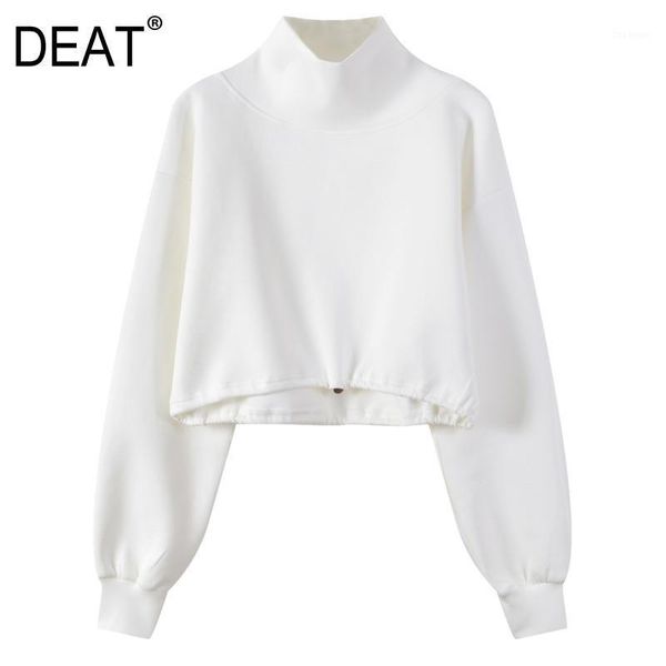 

deat short streetwear style sweatshirt women full sleeve turtleneck drawstring hem 2020 new spring autumn fashion tide hc1051, Black