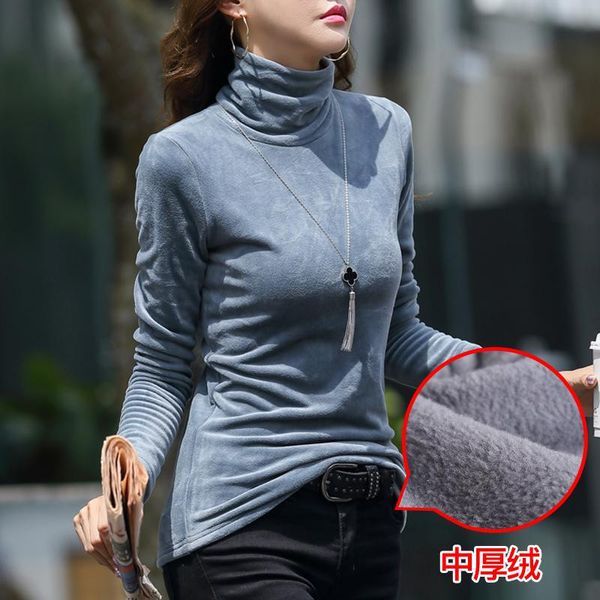 

good quality women winter thickening velvet turtleneck t-shirt solid color long sleeve office lady slim and tees wholesale, White