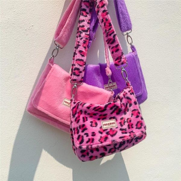 

2020 fashion women handbags leopard cute fluffy fur crossbody bags female phone shoulder bag ladies purse handbag