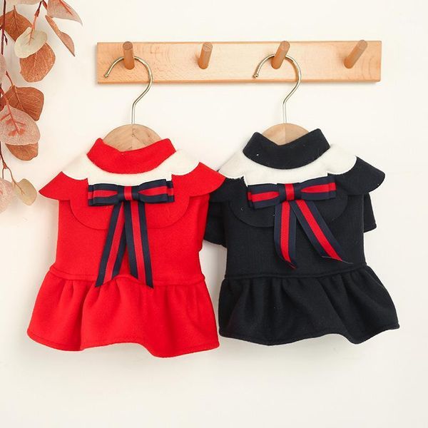 

blue red colors dog clothes for autumn and winter college style woolen skirt puppy dresses with big bow decor dog dresses1