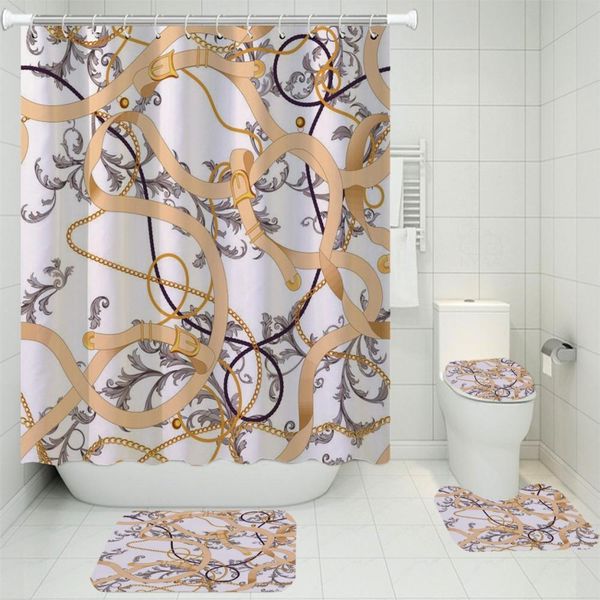 3D-gedrucktes Duschvorhang-Set mit klassischem Muster, rutschfeste Teppiche, Badematte, Toilettendeckelbezug, Badezimmer-Zubehör-Set mit 12 Haken 201030