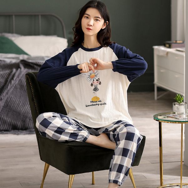 

2021 new women's autumn spring pajamas printing plus size female sleepwear o neck long sleeve cotton ladies casual nightwear nsyr, Black;red