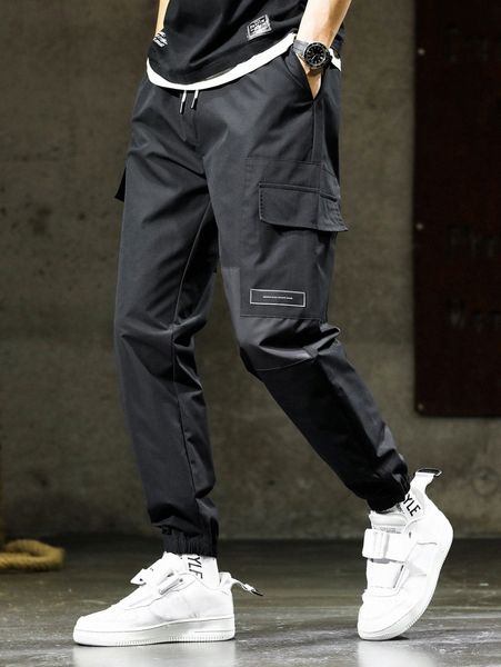 

men patch detail slant pocket cargo pants n954#, Black