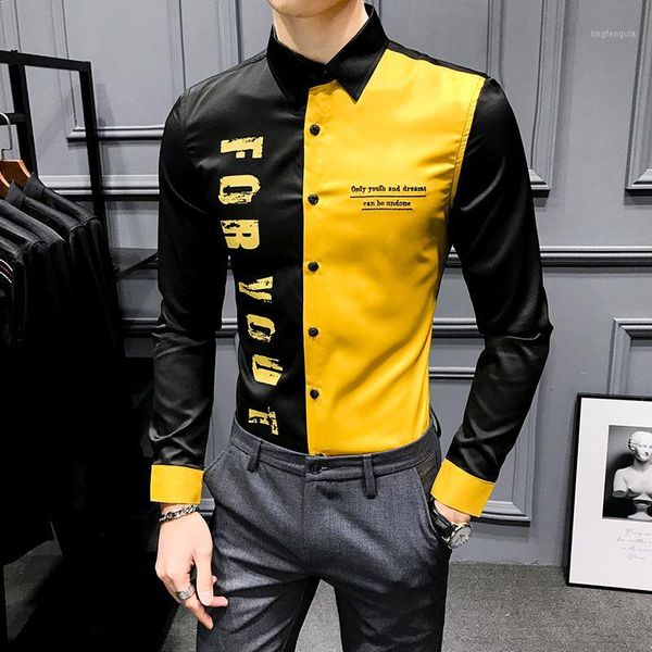 

formal social shirt streetwear male fashion print men shirts long sleeve casual slim fit patchwork color night club dress1, White;black